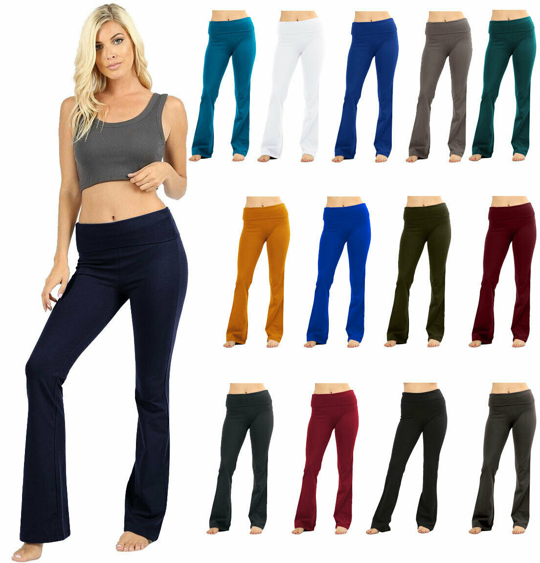 Womens Solid Cotton Foldover Boot Cut Flare Yoga Pants