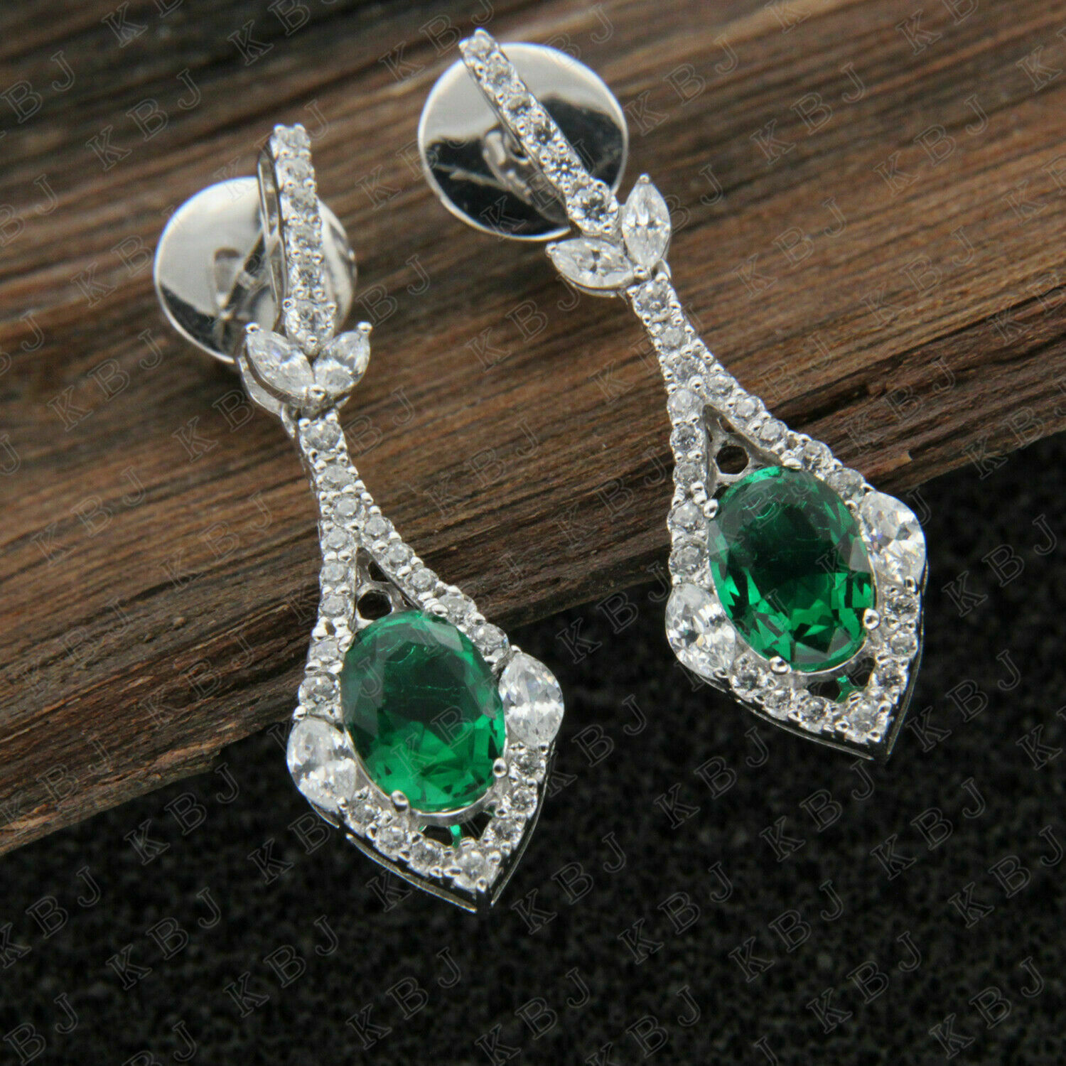 1.28 Ct Oval Cut Green Emerald Drop Dangle Earrings 14K White Gold