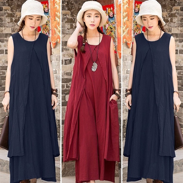 Women Casual Loose Sleeveless Cotton Linen A-Line BOHO MAXI Shirt Dress