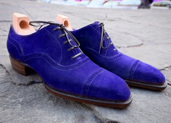 Blue Oxford Shoes Suede Leather Laceup Derby Cap Toe Tan Sole Men's ...