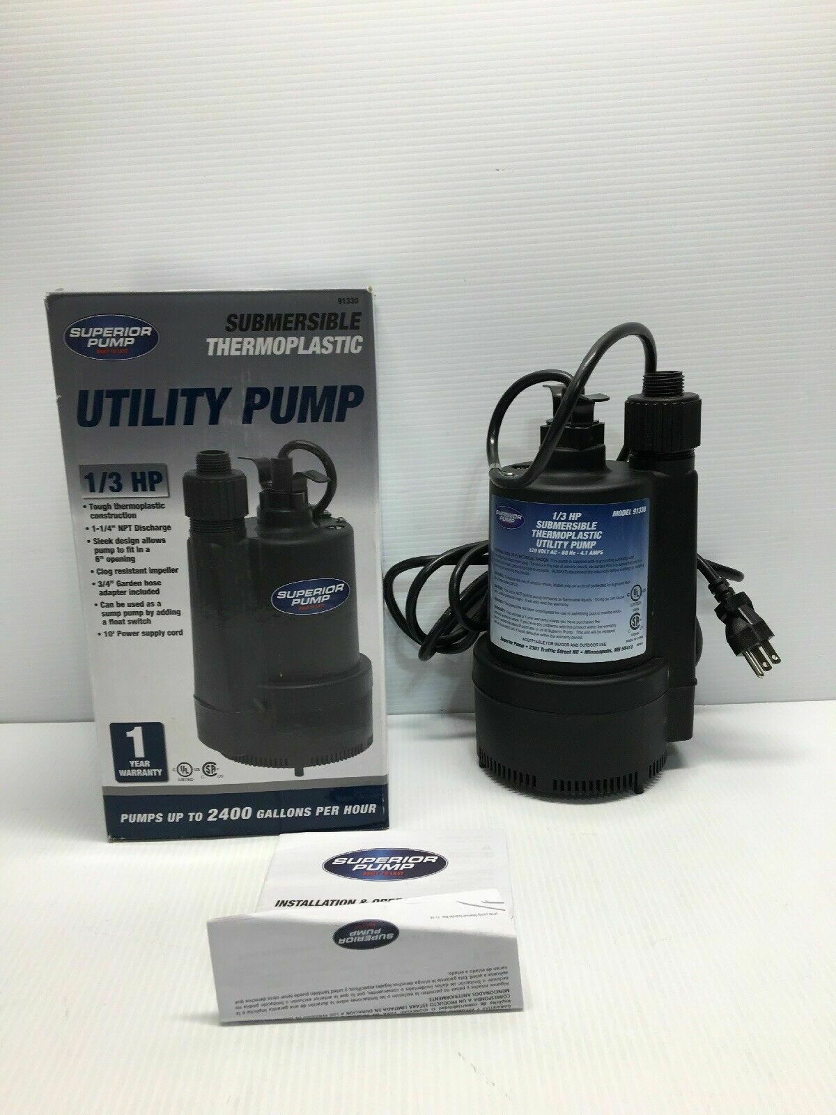 Superior Pump 91330 1/3 HP Thermoplastic Utility Pump With Garden Hose