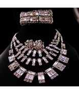 Designer Necklace set  baguette Wide bracelet  crystal clip earrings sig... - $275.00