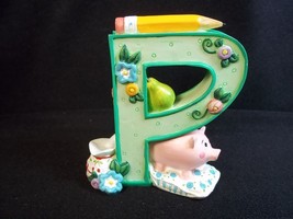 Mary Engelbreit resin Letter P pig pitcher pillow pencil flowers green 1999 - $6.85