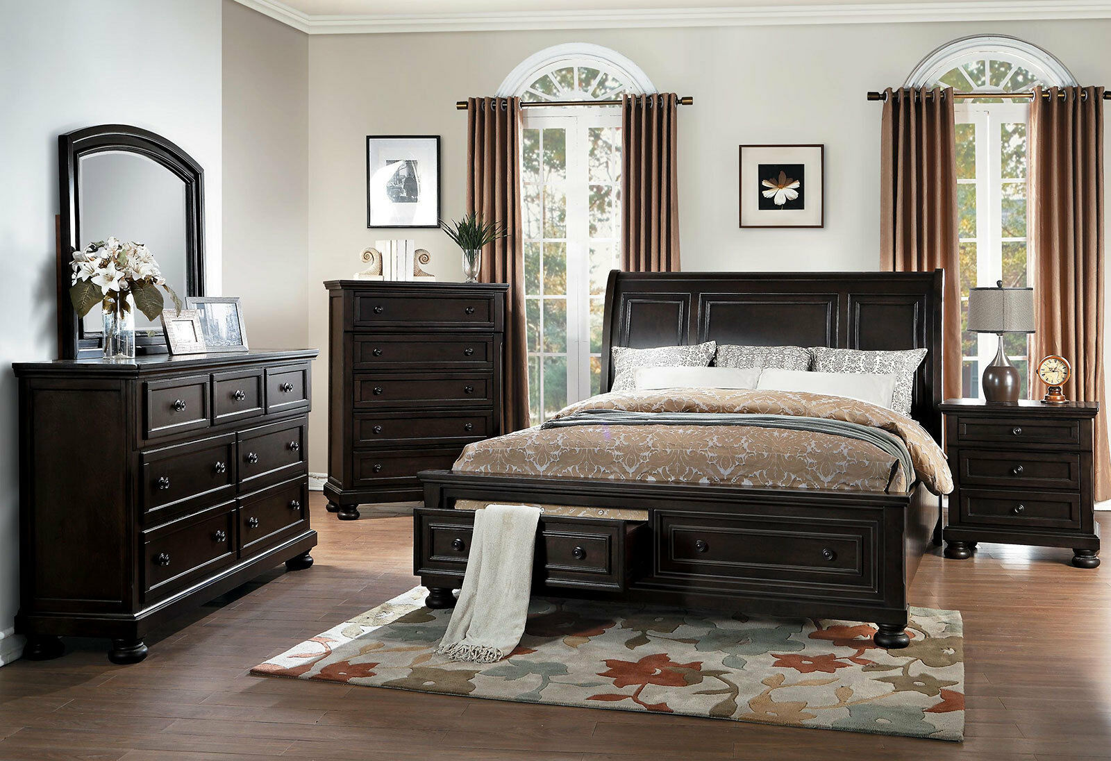 Transitional Gray-Toned Brown Bedroom Furniture - 5pcs Queen Storage ...