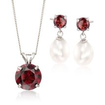 2.70 ct. Garnet and 7-7.5mm Pearl Sterling Silver Set Earrings & Necklace Set - $84.95