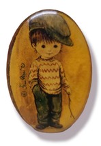 Vintage Signed Fran Mar 1970 Broch Boy With Hat Gold Tone Oval image 1