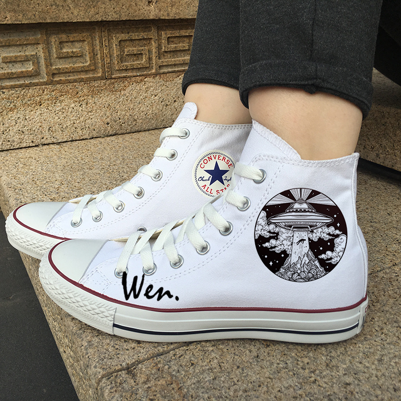 White Shoes Converse Design UFO Lighthouse Saucer High Top Chuck Sneakers Unisex