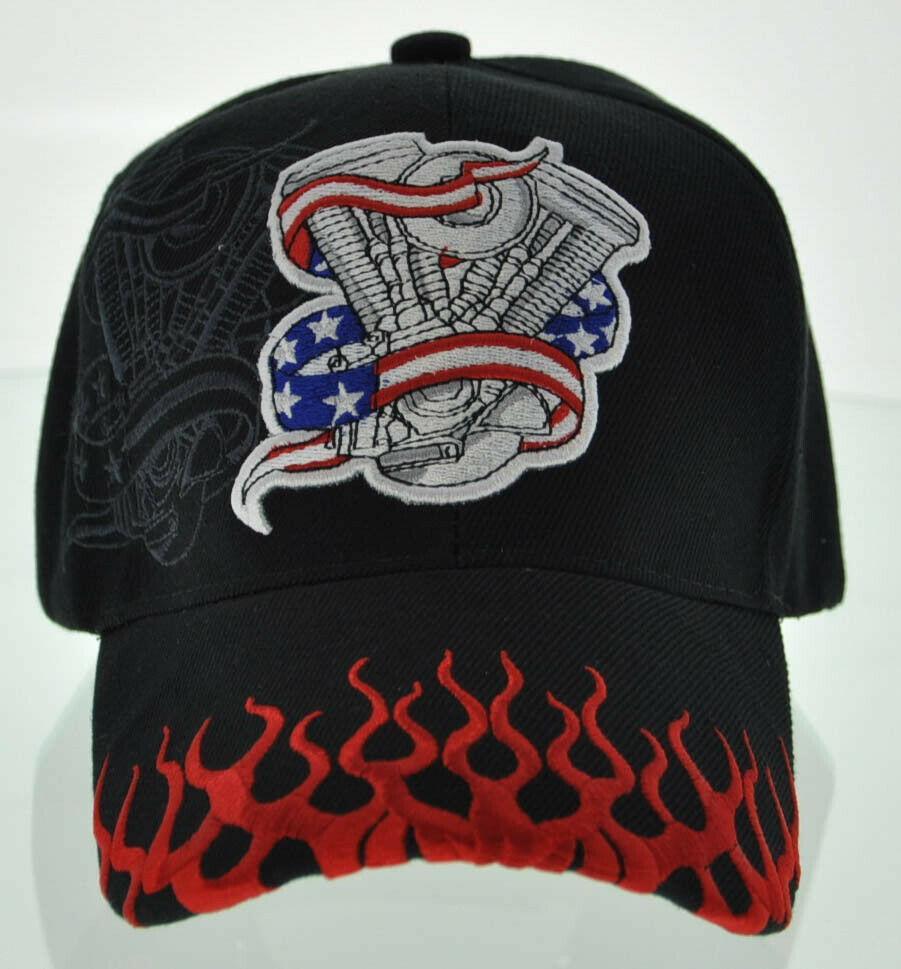 NEW! AMERICAN FLAG MOTO CHOPPERS ENGINE FLAME BIKER CAP HAT BLACK Men
