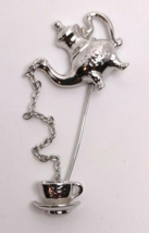 Avon Vintage Silver Tone Teapot Pouring Stick Pin Tea Party Pouring Tea Cup - $14.84