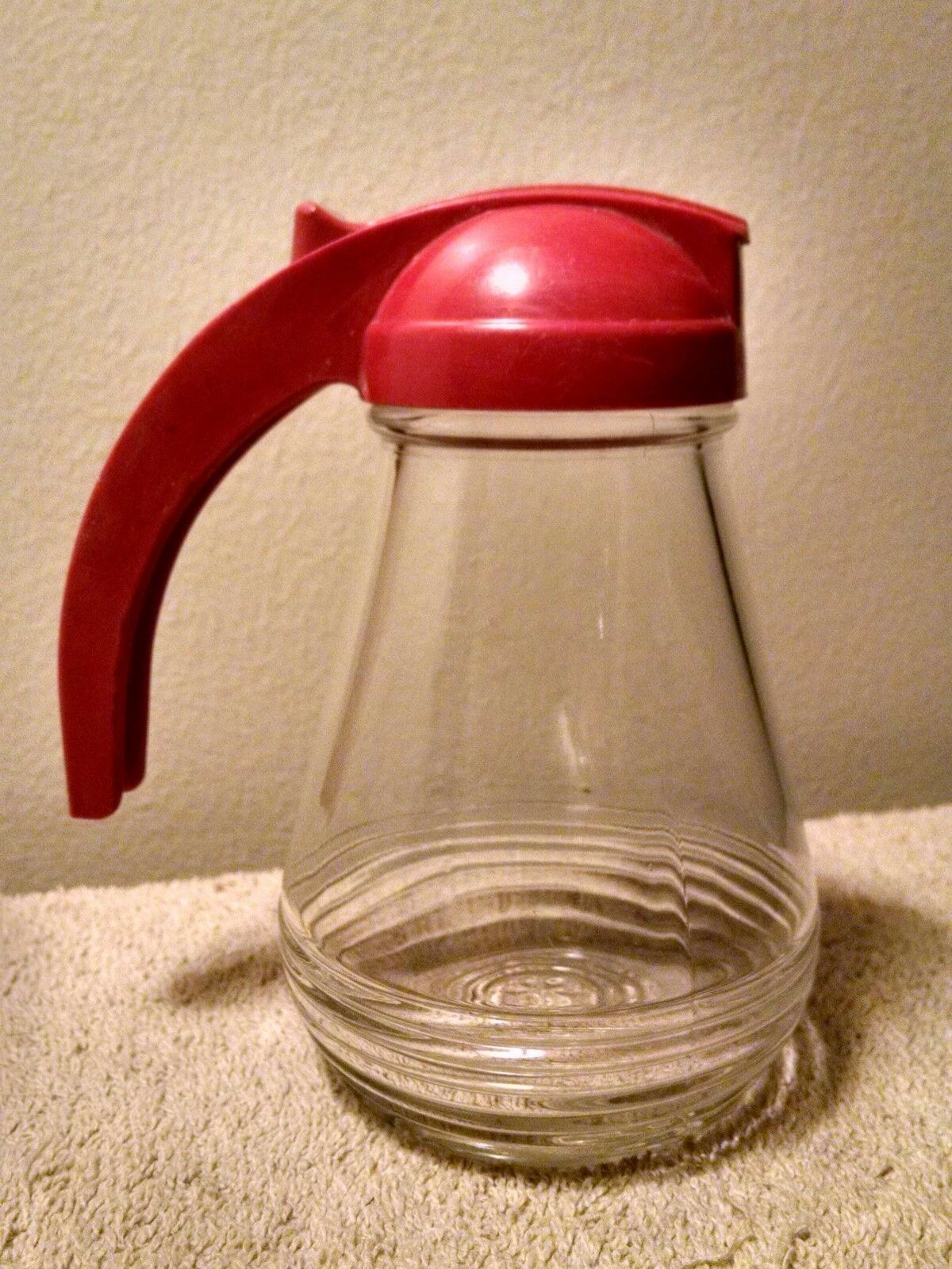 Vintage Syrup Dispenser With Orange Bakelite Spring Loaded Drip Cut