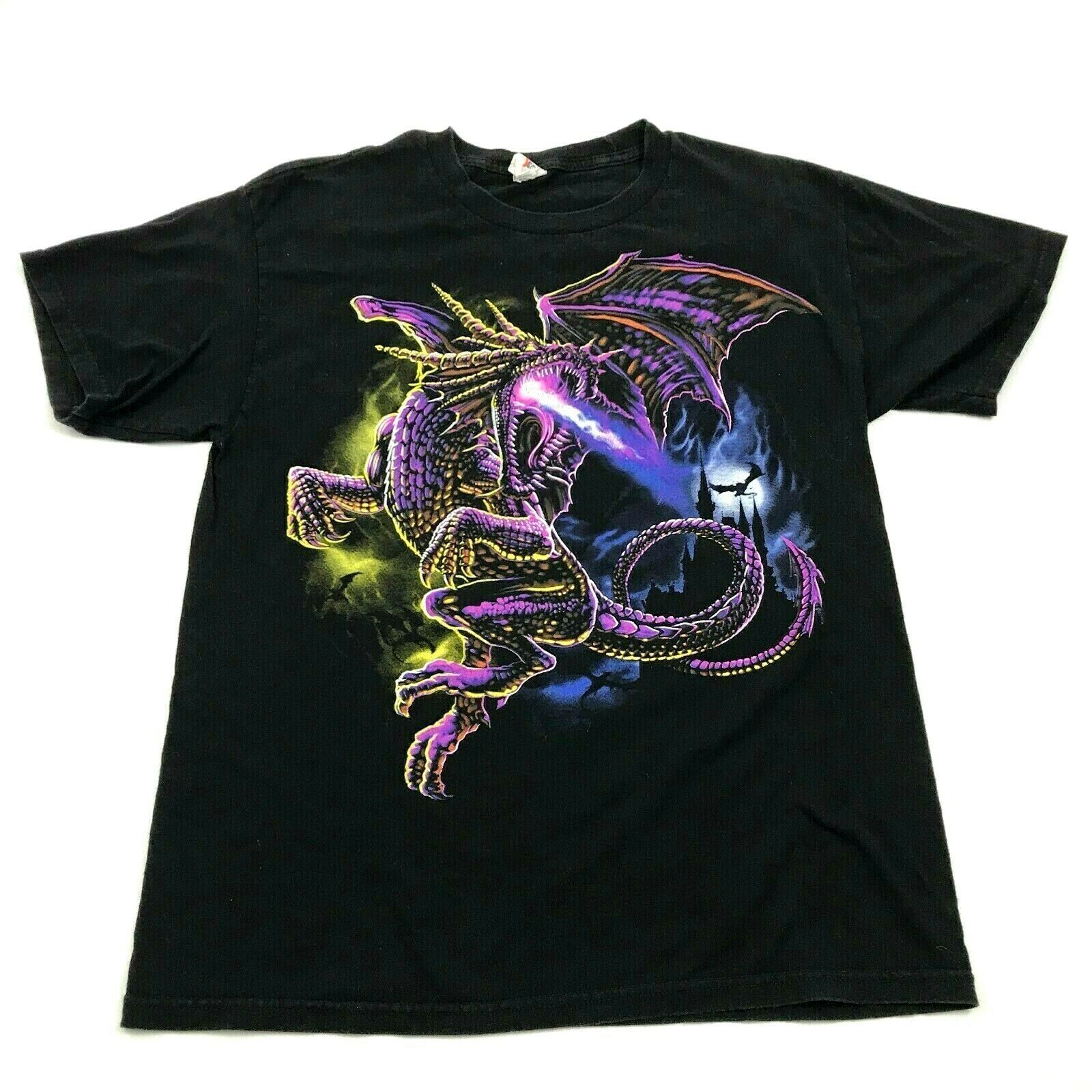 Fantasy Dragon Shirt Black Graphic Tee Casual Crew Tshirt Men's Size