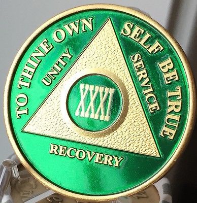31 Year AA Medallion Green Gold Plated Alcoholics Anonymous Sobriety Chip Coin