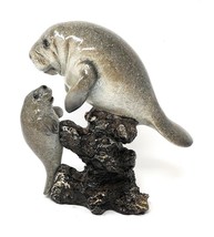 Nautical Grey Manatee Statue Figurine with Baby Manatee Above Rocks 7&quot; T... - $36.85