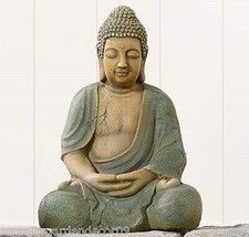 Sitting Buddha Statue Gray Verdigris Finish 16" High Garden Resin Zen Buddhism