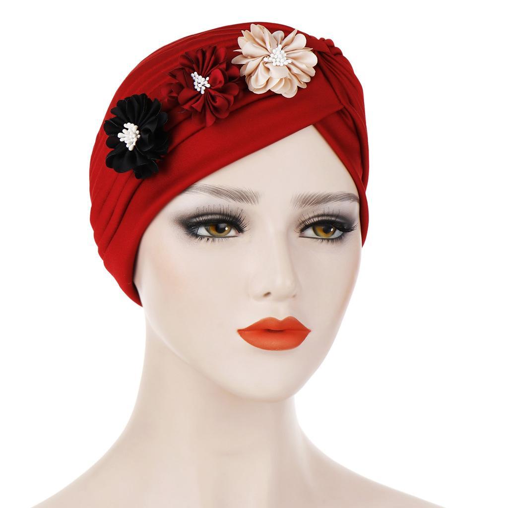 Muslim Women Cap Flower Pleated Turban Arab Hat Hair Care Cancer Caps ...