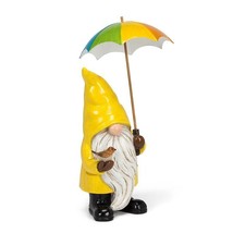 Gnome Statue Holding Umbrella White Beard 13.5" High Poly Resin Yellow Raincoat image 2