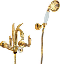 Gold wall mounted swan Handles Bath Tub shower Filler Faucet with Handsh... - $386.09