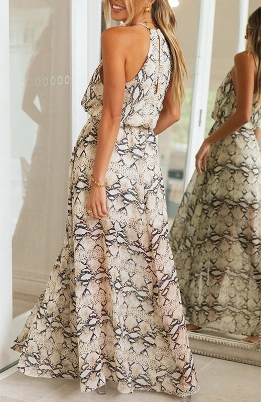 New beige snake skin print halter neck long high side slit women maxi dress - Dresses