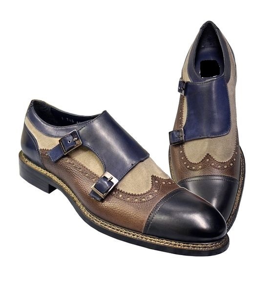 Handmade Men Blue Brown Black Leather Beige Suede Double Buckle Strap Monk Shoes