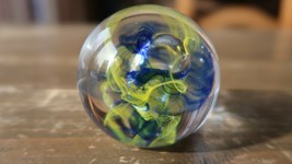Vintage Yellow and Blue Glass Paperweight 2&quot; - $16.63