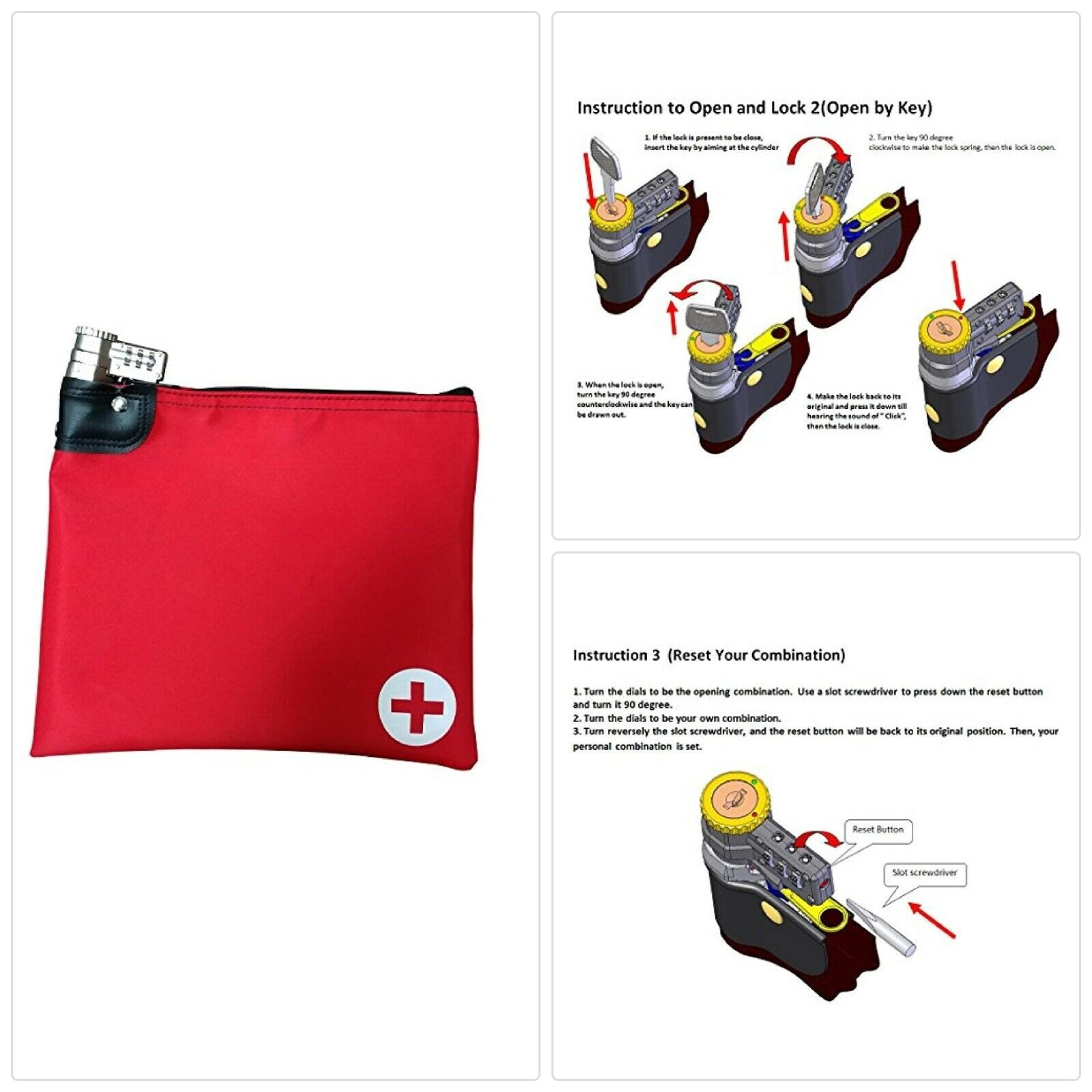 Medication Safety Bag Combination Keyed Lock (Red) Deposit Bags