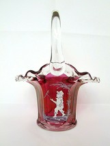Vintage Fenton BASKET Cranberry Iridescent, Hand Painted Signed L. Pluer... - $64.35