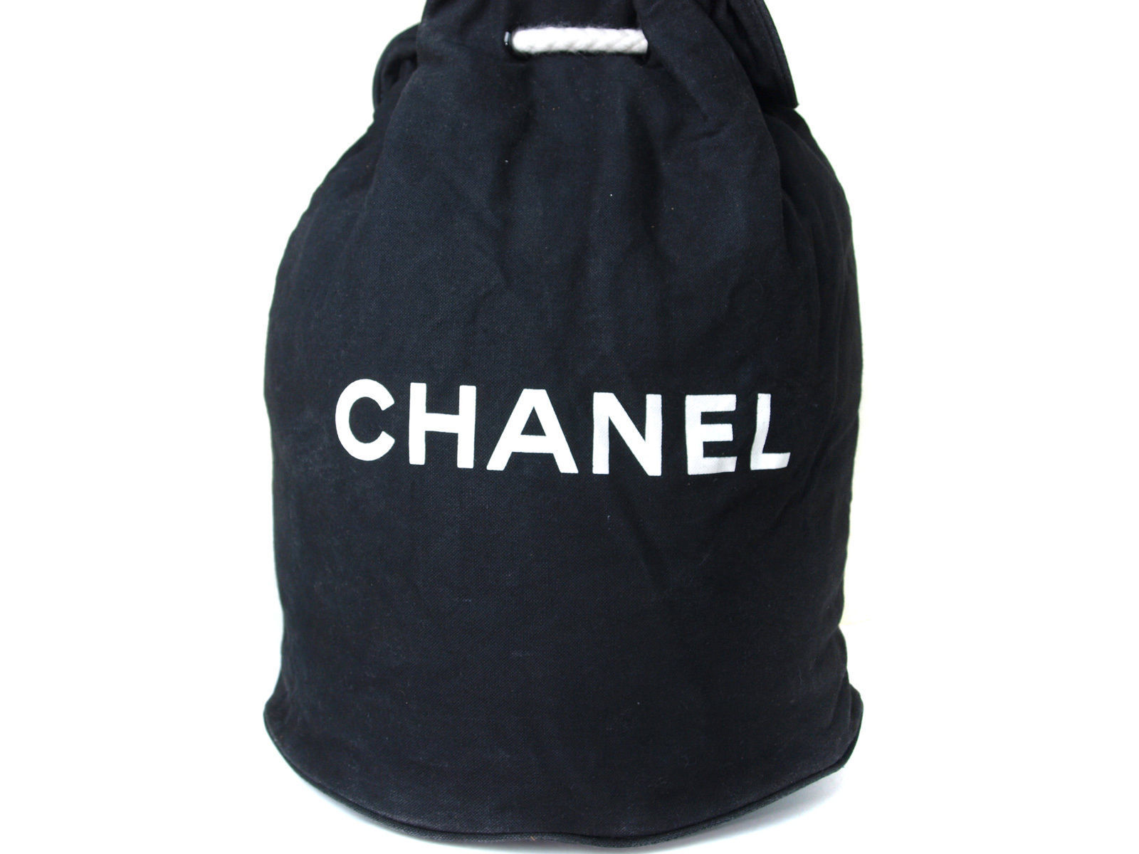 Authentic CHANEL Black Cotton Canvas Drawstring Backpack Bag CS2505L