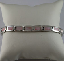 .925 RHODIUM SILVER BRACELET WITH RECTANGLES OF MOTHER OF PEARL PINK - $101.47