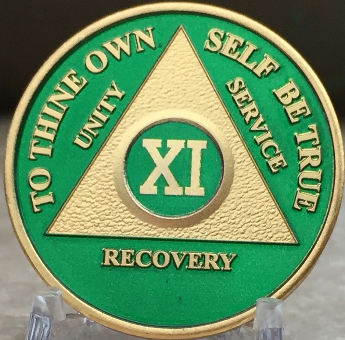 11 Year AA Medallion Green Gold Plated Alcoholics Anonymous Sobriety Chip Coin