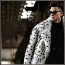 Furry Long Sleeve Wide Collar White Black Spotted Faux Leopard Long Coat Jacket  image 2