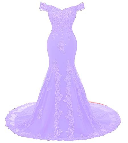 Off Shoulder Mermaid Long Lace Beaded Prom Dress Corset Evening Gowns Lavender U