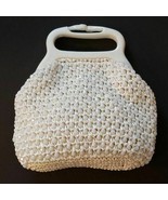 Raffia Crocheted Beaded White Purse Hong Kong Plastic Frame Handle Vinta... - $34.47