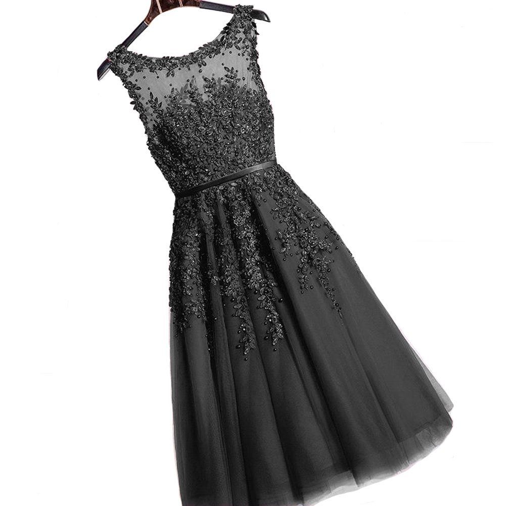 Kivary Little Black Tulle Sheer Bateau Tea Length Short Prom Dresses Cocktail Go