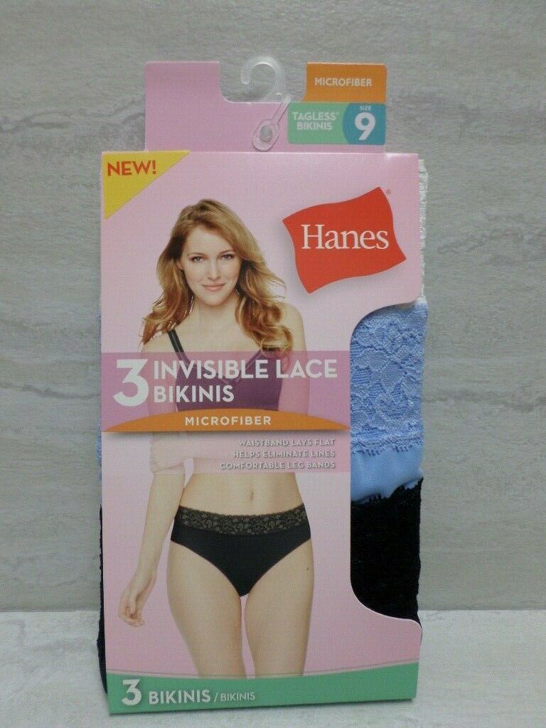 Hanes 3-Pack Tagless Microfiber Invisible Lace Bikinis Black/Blue/White Size 9