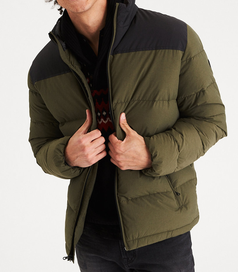 American Eagle AE Men Zip Mock Neck Quilted Puffer Bomber Winter Jacket