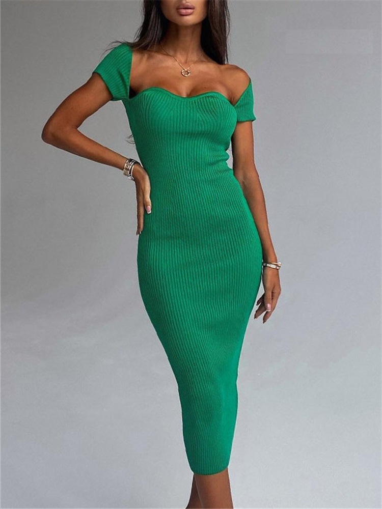 New green sexy casual square neck short sleeve bodycon midi length women dress