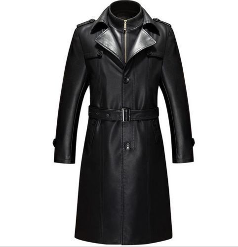 Image of MEN LEATHER COAT WINTER LONG LEATHER COAT GENUINE REAL LEATHER TRENCH COAT-UK3
