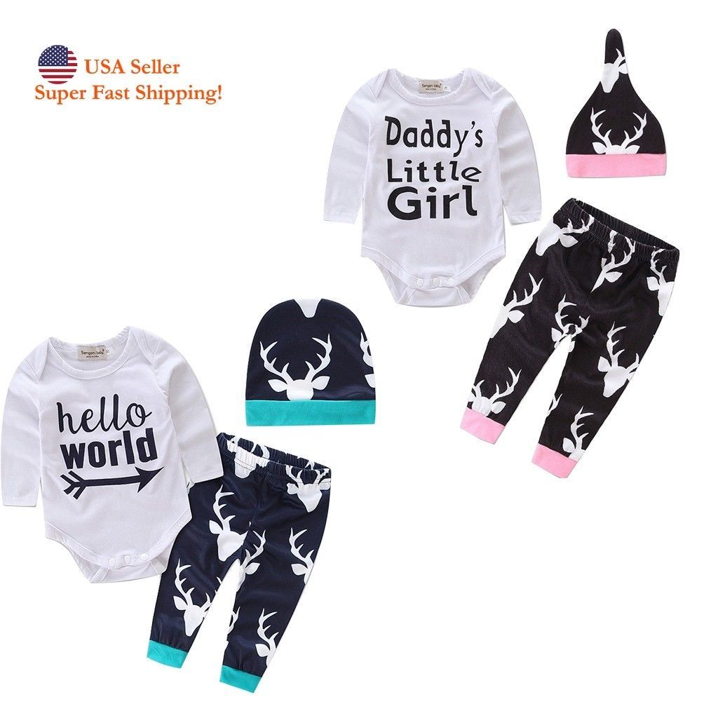 DH Toddler Baby Girls Boys Romper Outfit Printed Deer Pants Shirt Hat 0-18M