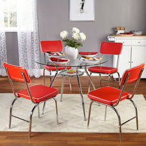 Glass Top 5 Pes Dining Set Table 4 Chairs Round Kitchen Breakfast Furniture Red image 3