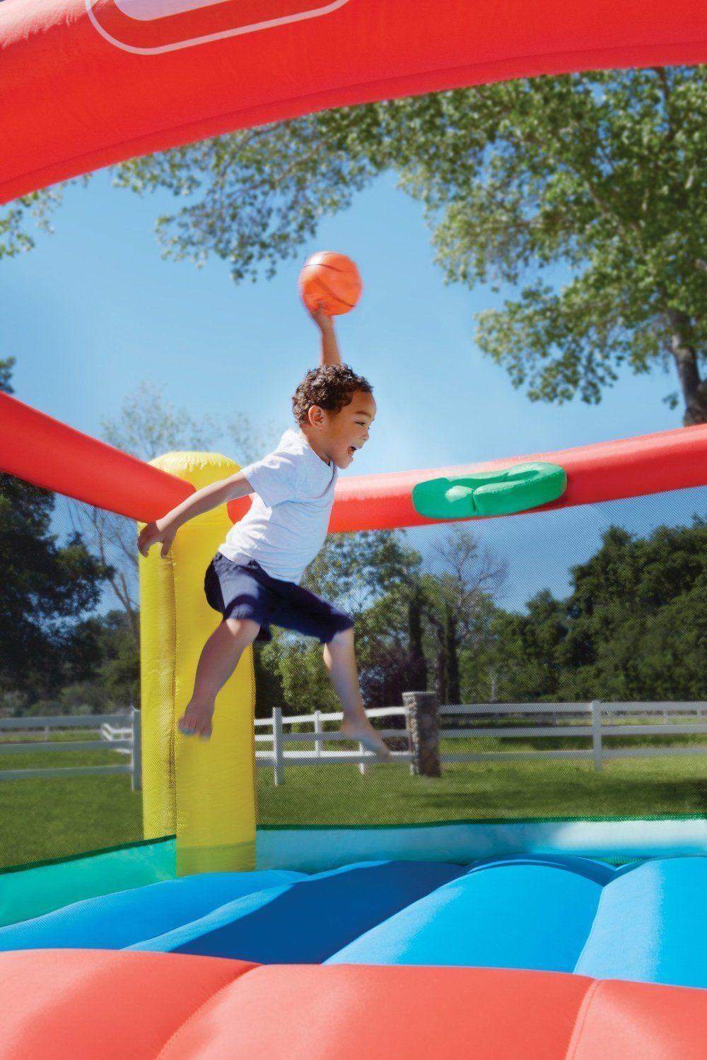 little tikes bounce house with slide and basketball hoop