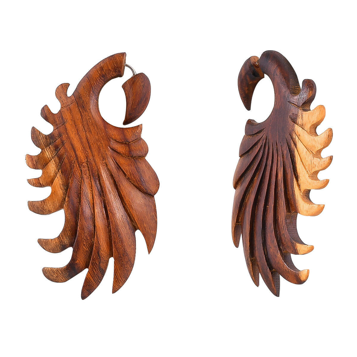 Wooden Earrings Carved African Tribal Big Fake Gauge 3.15" AB756