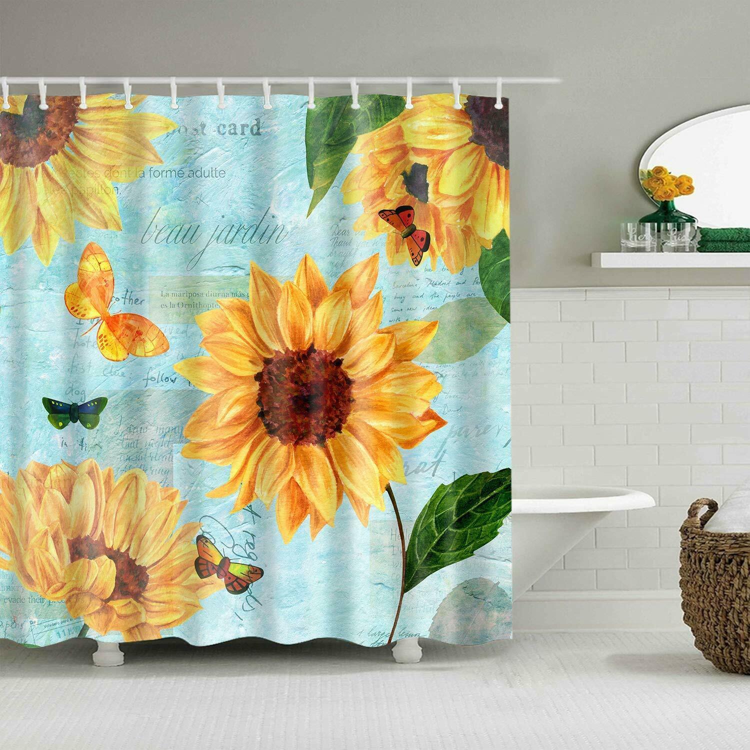 Gorgeous Floral Sunflower Butterfly Waterproof Fabric Shower Curtain ...