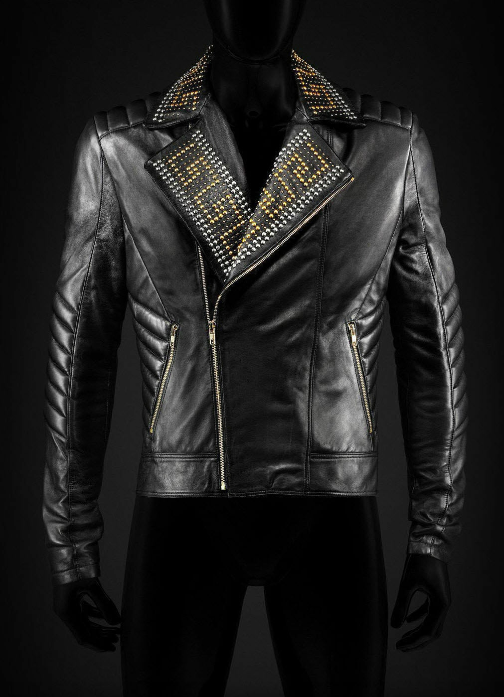 Handmade Men's Black Golden Silver Studded Biker Leather Jacket Coats