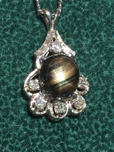 Vintage (ca. 1940) 14K White Gold Blackish Star Sapphire and Diamond Pendant 18" - $420.00