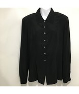 Jaeger 12 Black Silk Blouse Top Silver Thimble Buttons French Cuff Shoul... - $47.53