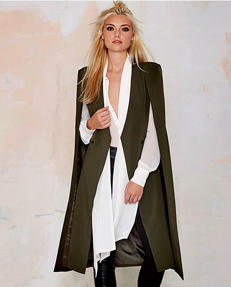 Image of Open Front Blazer Suits Pocket Cape Trench Duster Longline Cloak Poncho Coat