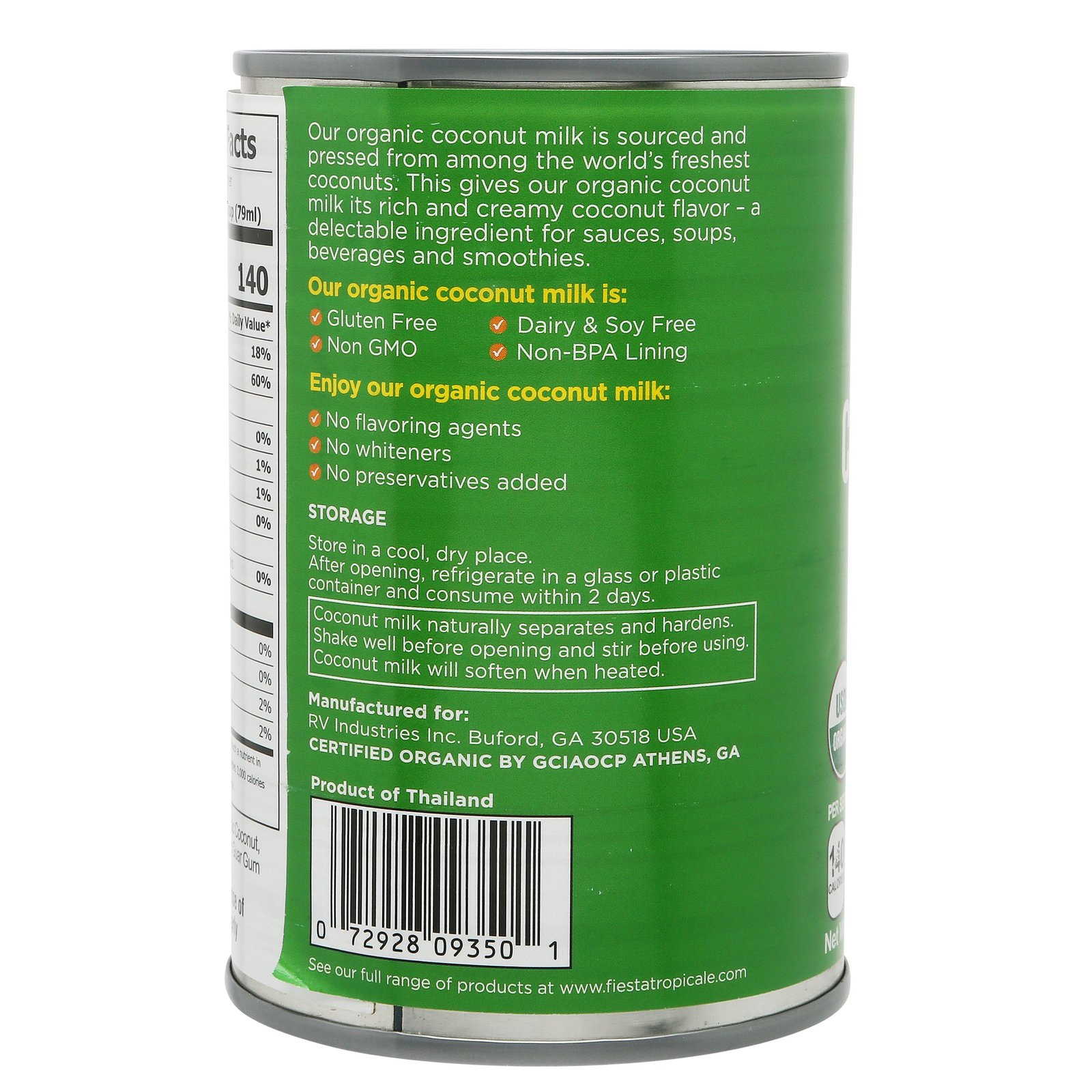 Organic Coconut Milk, Unsweetened, FullFat, Pure, BPAFree Canned