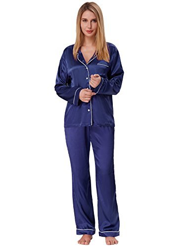 Women Brushed Back Satin Pajamas Sets Plus Size Navy Blue Size XXL ZE52 ...