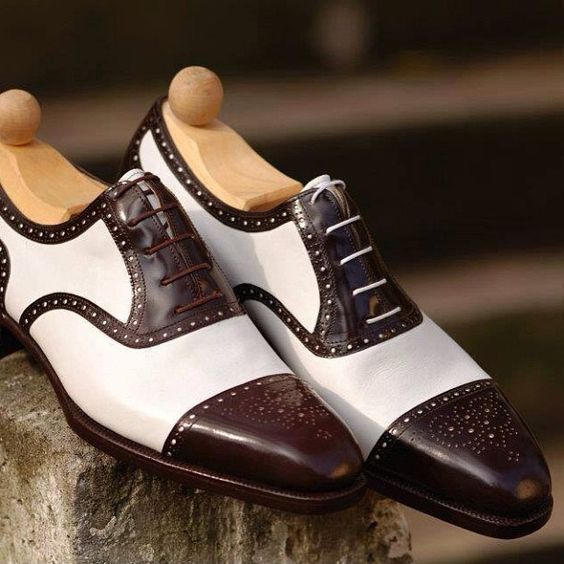 Men Handmade Two Tone Brown & White Real Leather Lace Up Capped Toe ...
