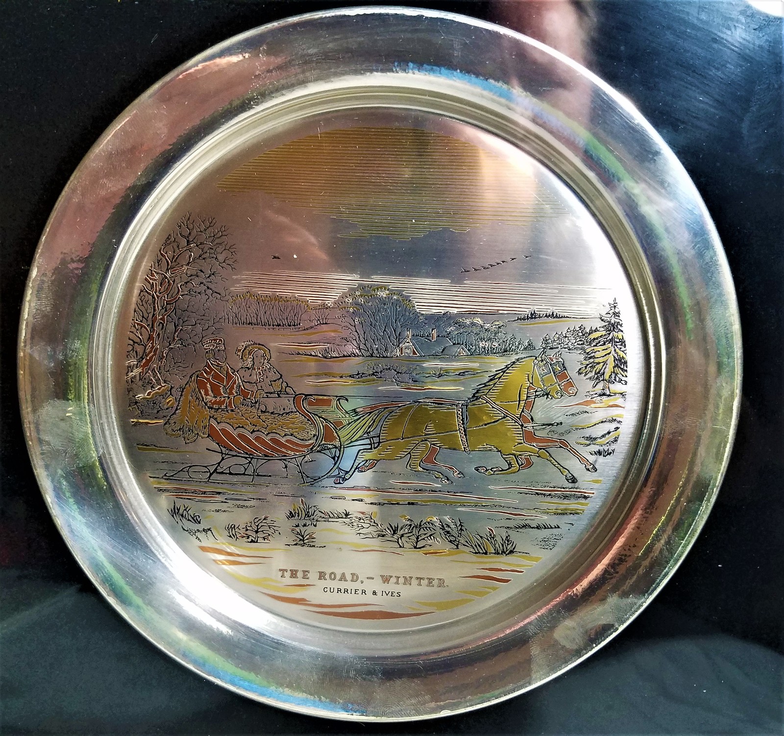 Solid sterling silver collector plate " Currier & Ives" handcrafted by